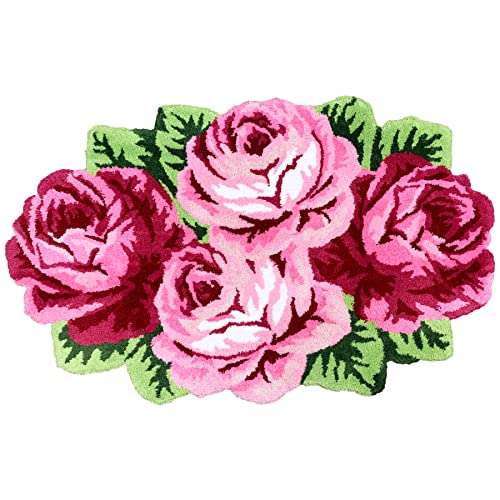 ABREEZE Rose Rug Pink Handmade Bathmat Floral Rug Girls Bedroom Rugs Washable Non-Slip Carpets Shaggy Bathroom Mat Machine Washable Living Room Area Rug, Non Slip Bath Mat, Luxury Bathroom Floor Mats