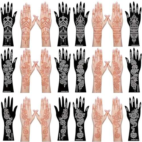12 Sheets Henna Stencils Kit for Hand Forearm Glitter Airbrush DIY Tattooing Template, Indian Temporary Tattoo Stickers Mehndi Stencils for Hand Body Art 1