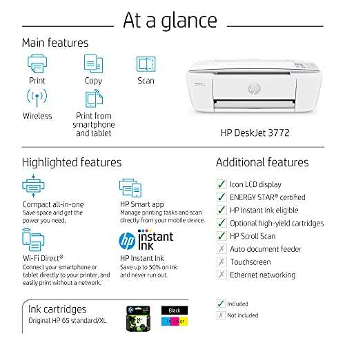 HP DeskJet 3772 All-in-One Color Inkjet Printer Scanner and Copy, Instant Ink Ready, Wireless Printers for Home and Office, Photo Print, Built-in WiFi, T8W88A (Renewed) 3