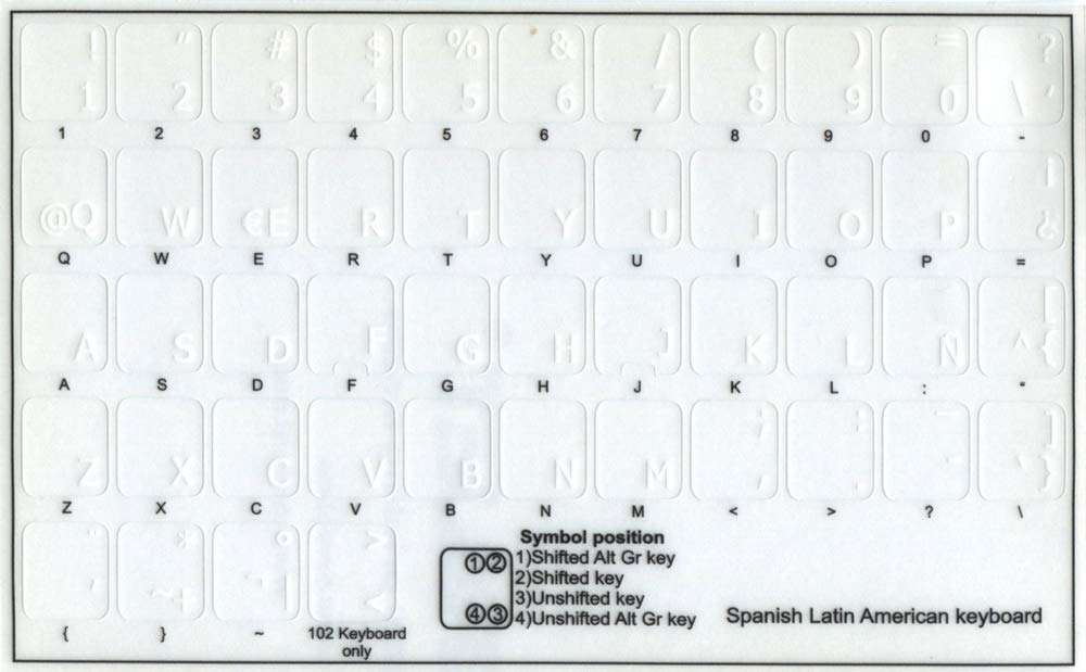 Spanish (Latin American) Keyboard Labels Layout with White Lettering Transparent Background for Desktop, Laptop and Notebook 1