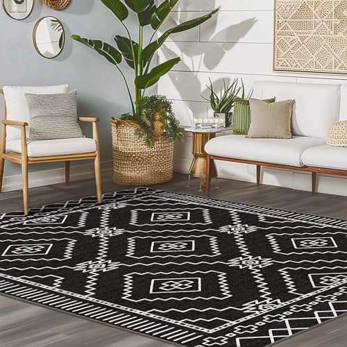 GENIMO Area Rug 3x5 Boho Chic Machine Washable Rugs for Living Room, Farmhouse Floor Cover, Geometric Print Thin Low Pile Carpet Mat with Non Slip Rubber Backing, Aztec Black 2