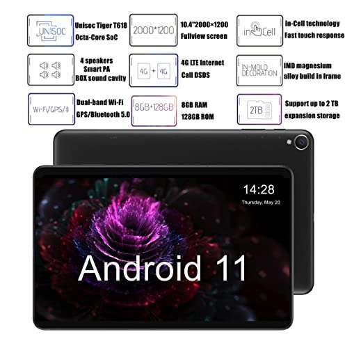 ALLDOCUBE Android 11 Tablet 10.4 inch, iPlay40H Tablet PC, 8GB RAM+128GB ROM, Unisoc T618 Octa-Core Processor, 5MP Front + 8MP Rear Camera, 2000x1200 HD Full Screen, 2.4G+5G WiFi, 6200mAh 2