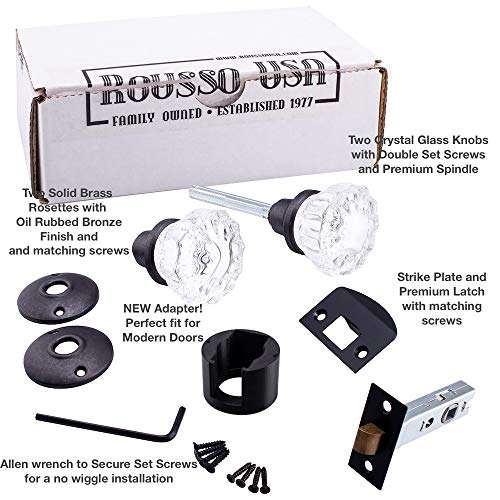 RoussoUSA 0919eORB Fluted Crystal Glass & Oil Rubbed Bronze Complete Passage Door Knob Sets for Modern Door includes Original Wood Adapters 3