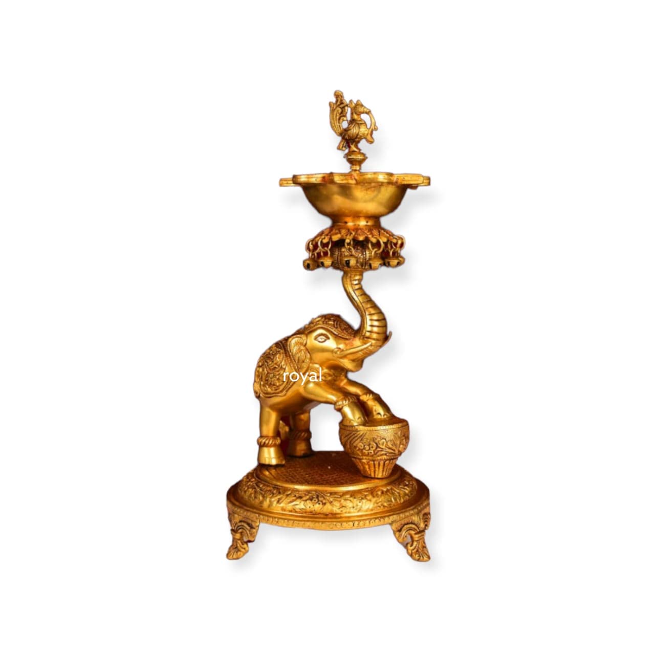 IYI MERCHANT Brass Elephant Diya Stand | Golden Color Elephant Statue Brass Diya Stand for 5 Wicks | Peacock Diya on Dancing Elephant | LxWXH - 21.5x21.5x45.7 cm, Wt. - 7 Kg 4