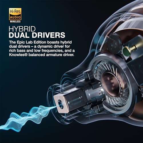 JLab Epic Lab Edition True Wireless Earbuds, Hybrid Dual Drivers, Spatial Audio, Multipoint BT, Wireless or USB-C Charging, Wear Detect Auto Play/Pause, Google Fast Pair 2