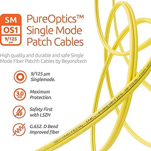 BEYONDTECH 3m (9.84 ft) LC to LC Fiber Patch Cable – UPC Single-Mode Duplex Fiber Optic Cable – 9/125µm core, Compatible with OS1 & OS2 – LSZH PUREOptics Series 4
