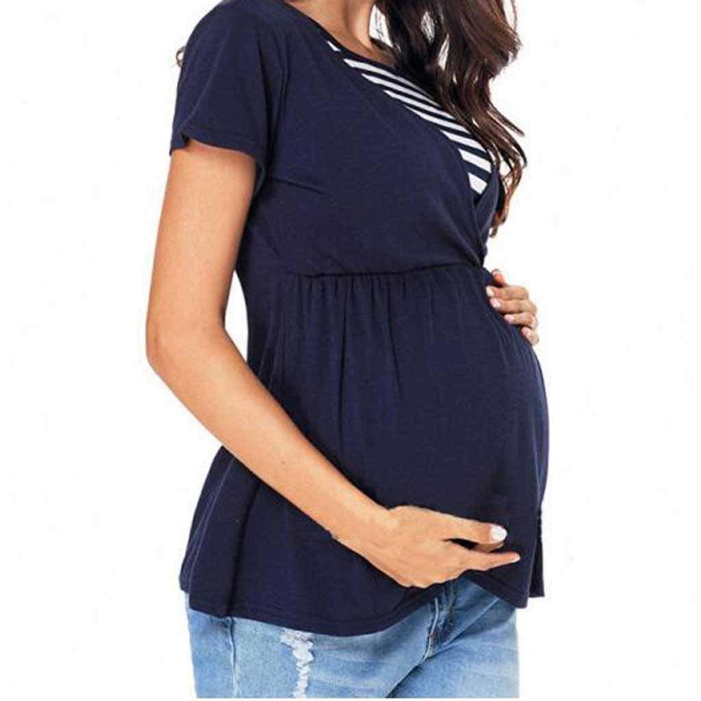 Women's Maternity Nursing Tops Patchwork Striped Double Layer Loose Pregnancy Breastfeeding T Shirt (L, Blue) 3