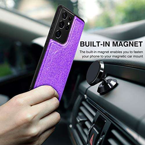 Newseego Compatible Samsung Galaxy S21 Ultra Wallet Case (6.8 Inch),Glitter PU Leather Magnetic Closure Multi-Credit Card Slot Cash Holder Detachable 2 in 1 Wallet Cover with Wrist Strap-Purple 6
