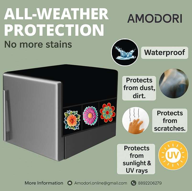 AMODORI Fridge Top Cover – Waterproof Cloth with 6 Side Storage Pockets with Flower Print Black Colour 4