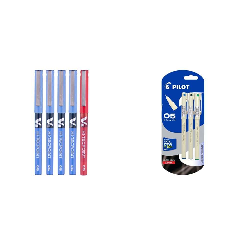 Pilot V5 Roller Ball Pen Pack of 5 (4 Blue, 1 Red) Hi-Techpoint 05-1Blue + 1Black + 1Green