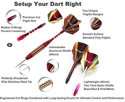 SHOT TAKER CO. EST. 2017 6pc Steel Tip Darts Set - Professional Darts for Dartboard - Includes Barrels + Plastic/Aluminum Shafts + O'Rings + Flights + Sharpener + Wrench (21g-Red B-10412) 3