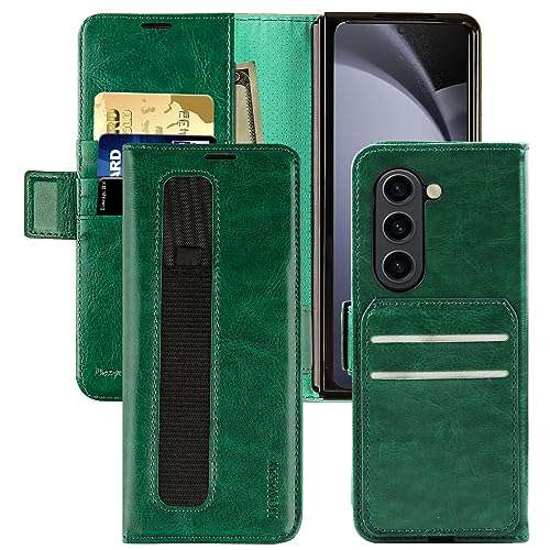 MONASAY Wallet Case Compatible for Galaxy Z Fold 5 5G with S Pen Holder, Flip Folio Leather Cell Phone Cover with RFID Blocking Credit Card Holder, Green 1