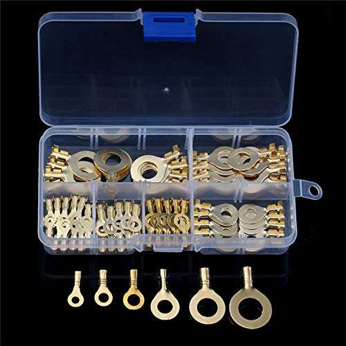 Davitu YT Non-insulated Ring Cable Lugs 150pcs Assorted Ring Eyes 3.2-10.2mm Wire Cable Connectors Brass Terminals Assortment Kit 1