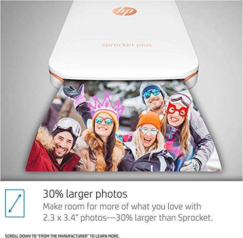 HP Sprocket Plus Instant Color Photo Printer, Print 30% Larger Photos on 2.3x3.4 Sticky-Backed Paper – White (2FR85A) 4