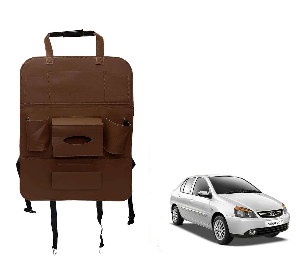 Oshotto Car Backseat Storage Organizer Phone Holder,Multi-Pocket for Bottles, Tissue Boxes,Kids Toy Storage and Great Travel Accessory Compatible with Tata Indigo (Brown)