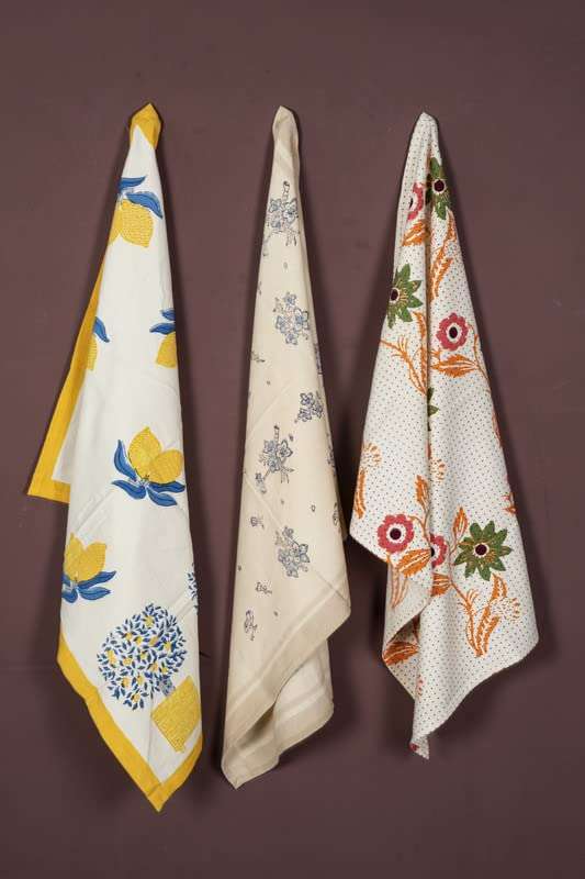 CONTRAST LIVING Dammre Hand Block Printed Kitchen Towel/Dish Towel/Hand Towel Multi Color Set of 3 Pcs 1