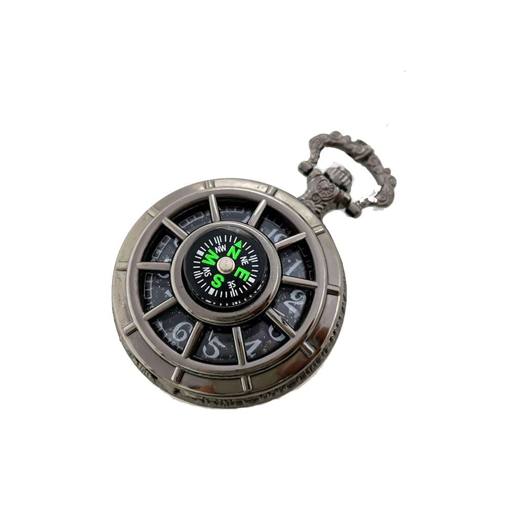 uonz Multifunctional Zinc Alloy Steampunk Compass Quartz Pocket Watch Fob for Unisex (Black)