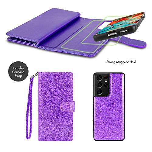 Newseego Compatible Samsung Galaxy S21 Ultra Wallet Case (6.8 Inch),Glitter PU Leather Magnetic Closure Multi-Credit Card Slot Cash Holder Detachable 2 in 1 Wallet Cover with Wrist Strap-Purple 5