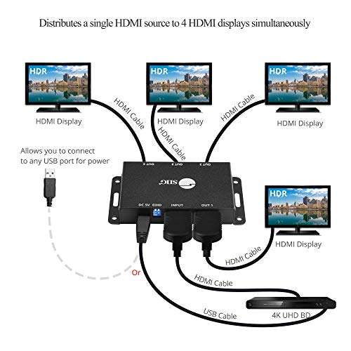 SIIG 1x4 Port HDMI 2.0 Splitter 4K 60Hz HDR Compact USB Powered Auto Scaling HDMI Splitter - HDMI 2.0a HDCP 2.2 Bypass, 18Gbps, YUV 4:4:4, 3D, EDID - 1 in 4 Out, TAA Compliant (CE-H23L11-S1) 5