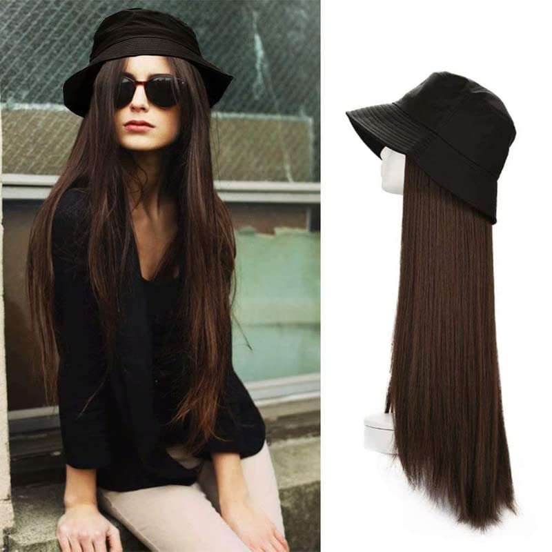 CHANDERKASH 24" Synthetic Hair Extension Attached Bucket Hat Long Straight Wig 1
