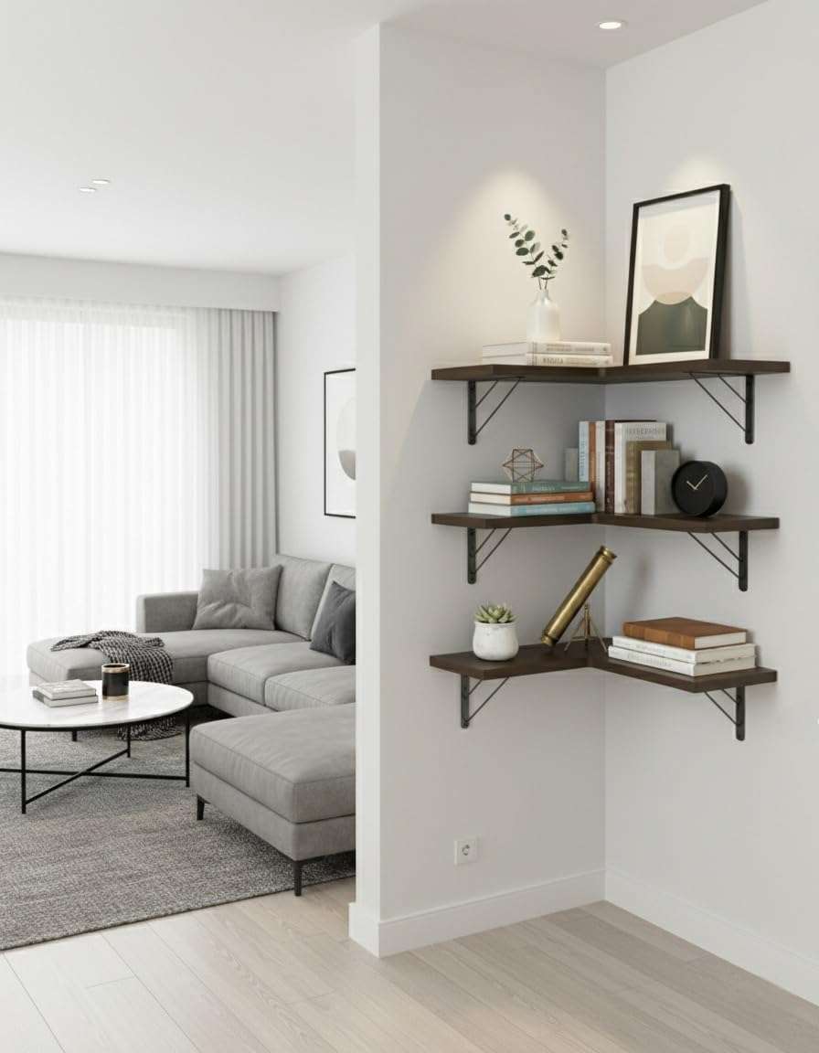 FireBees Wooden Corner Wall Shelves | 3 Tier Floating Wall Mounted Shelf for Living Room & Bedroom | Stylish Book Shelf & Home Decoration Rack for Storage | Room Corner Decoration Items 4