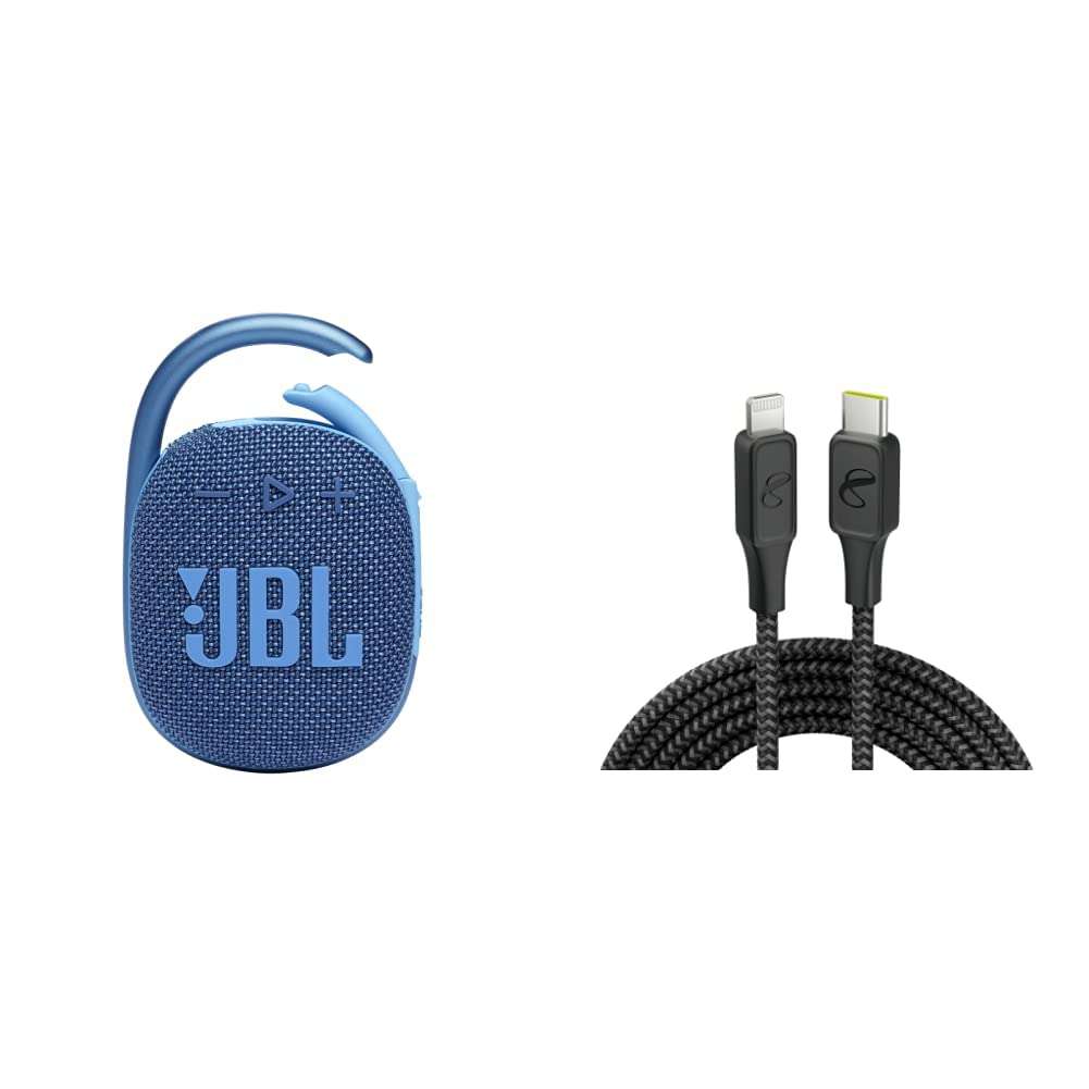 JBL Clip 4 Eco - Ultra-Portable Waterproof Speaker (Blue) and InfinityLab InstantConnect USB-C to Lightning - 20W PD Fast Charging Cable for iPhone and iPad - Black 1