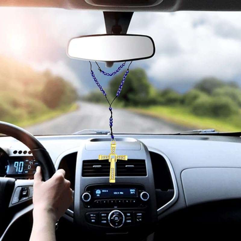 M Men Style Religious Lord Jesus Christ Crystal Cross Gold and Blue Catholic Rosary Beads Car Rearview Mirror Charm Car Dangler Ornament, Accessories, Gift SCrMa2024314 1