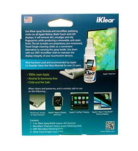 iKlear Premium Screen Cleaner Kit - Made in USA 2 oz Spray Bottle, Large Microfiber "Chamois" Cloth, 2 Travel Size DMT Microfiber Cloths Streak-Free Cleaning for Screens, Laptops, Tablets, TVs, 2