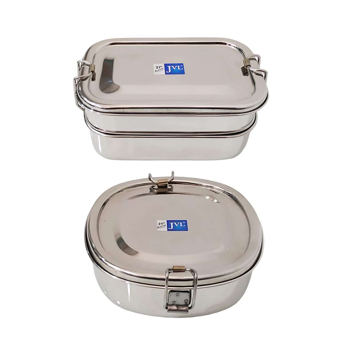 JVL Stainless Steel Rectangular Double Layer Lunch Box with Inner Plate - Small & Chakra Single Layer Lunch Box with Inner Plate - Big Combo for Kids, School, Office - Not Leakproof 1
