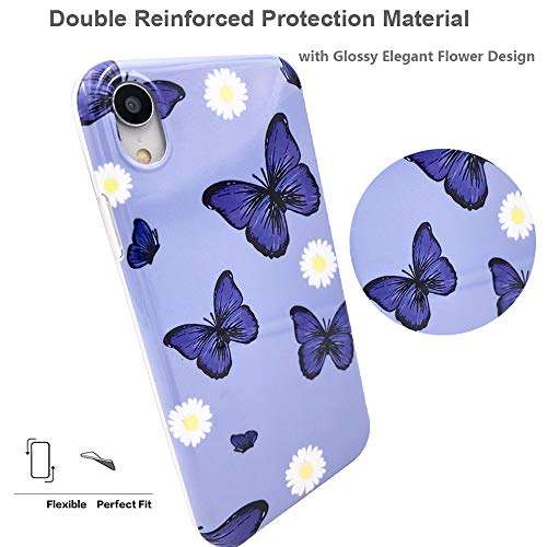 HUIYCUU Compatible with iPhone XR Case 6.1", Soft Slim Fit Girl Women Glitter Purple Tropical Flowers Clear Animal Design Pattern Shockproof Full Body Bumper Case for iPhone XR, Floral Butterfly 4