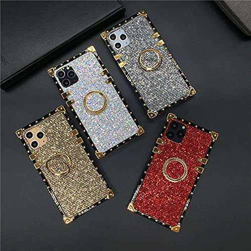 a20s for Samsung Galaxy A20S (not fit A20) Case,Fashion Design Bling Glitter Cute Gold Square Soft TPU Trunk Cover with Finger Ring Grip Kickstand for Man Women Girl Phone Skin,Red 5