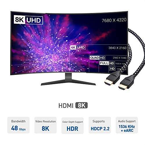 Cable Matters 3-Pack 48Gbps Ultra HD 8K HDMI Cable (Braided 8K HDMI Cable) with HDR for PS5, Xbox Series X/S, RTX3080 / 3090, Apple TV, and More - 2m, 6.6 Feet 3