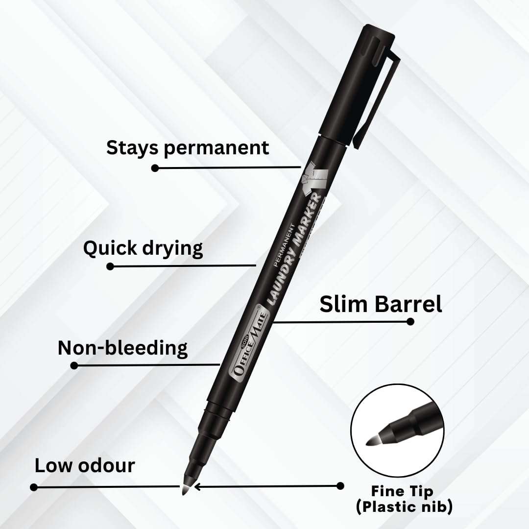 Soni Officemate Fine Tip Laundry Markers – Black | Pack of 10 | Waterproof, Fade-Resistant | 1.09 mm Tip | For Uniforms, Bags & Labels 6