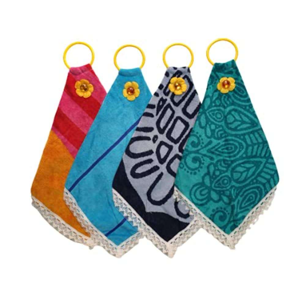 Aesthetic Hanging Towel | Designer Cotton Towel | Washbasin Napkin Hand Towel | Super Absorbent | Double Sided | Suitable for Washbasin & Kitchen Bothroom | Printed Towel Multicolor | Set of 4 1
