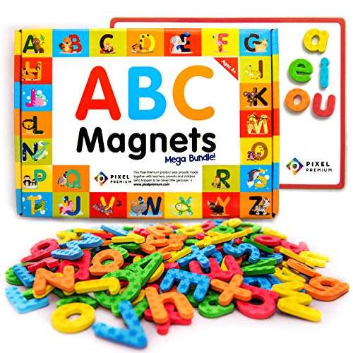 Pixel Premium Magnetic Alphabet Gift Set - 142 Foam Letters & Board for Fridge - ABC Magnets for Kids Learning - Refrigerator Toys for Toddlers 1