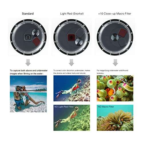 SOONSUN Waterproof Dome Port for GoPro Hero 5 Black Hero 6 Black Hero 7 Black Hero (2018) Camera, Underwater Dome Housing with Filters for GoPro Hero 5 6 7 Black, Built-in Red and 10x Close-up Filters 4