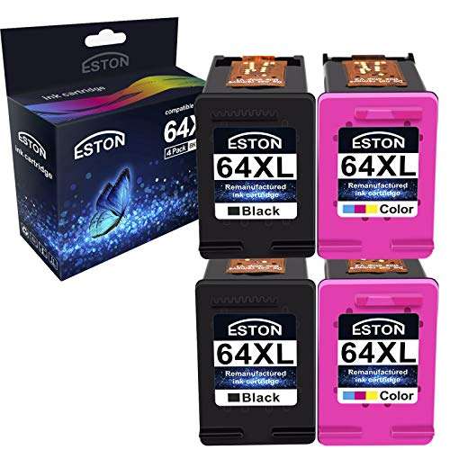 ESTON 64XL Remanufactured Replacements for HP 64XL 64 XL Black & Tri-Color Ink Cartridges, 4 Pack (N9J91AN N9J92AN) for HP Envy Photo 6252 6255 6258 7155 7158 7164 7855 1
