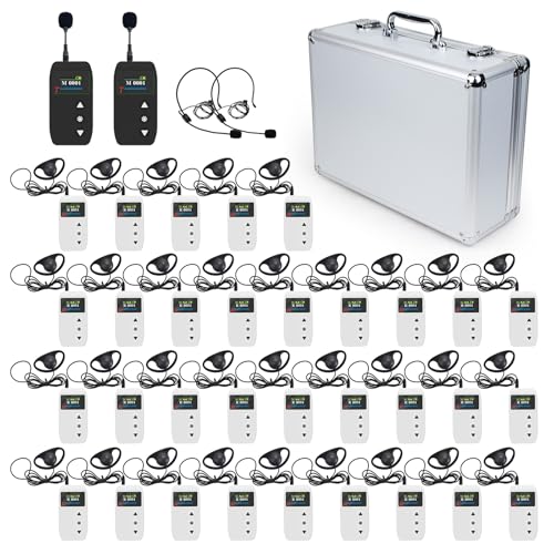 Wireless Tour Guide System,Tour Guide Microphone and Speaker with 32-Slot Charge Case,Simultaneous Translation Interpreting Equipment for Church,Factory,School,Museum,2 Transmitter 32 Receivers