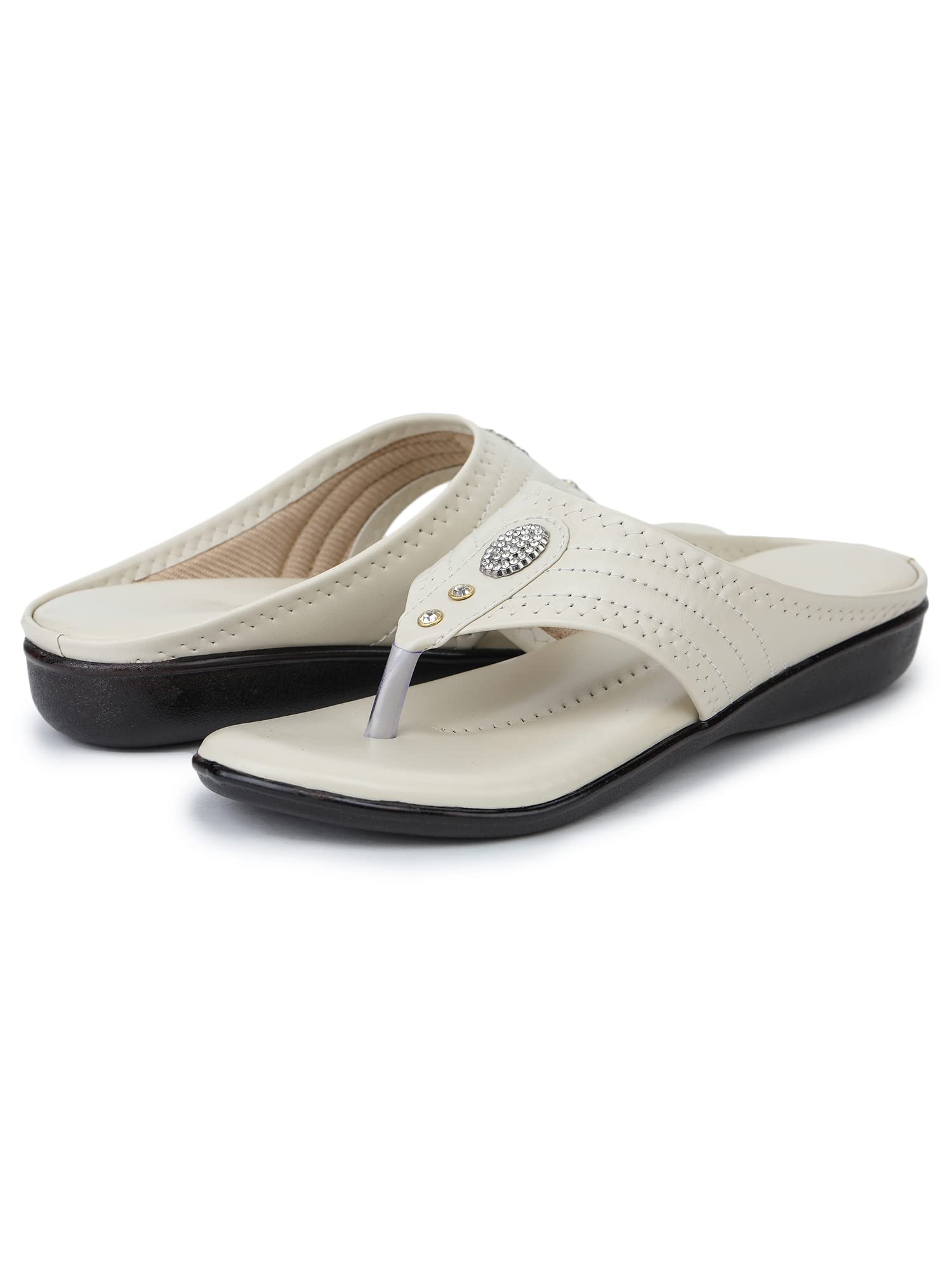 Bootco Flat Slippers For Women Girls Casual Flats Wedges Cream Color Cushioned Bottom (913) 6