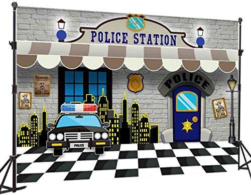 Police Station Backdrop for Party, Police Car City Night Guard Photo Background, Black and White Grid Floor Backdrop, 7x5ft, Police Themed Party Decoration Props, Cake Table Banner LSGE1796 4
