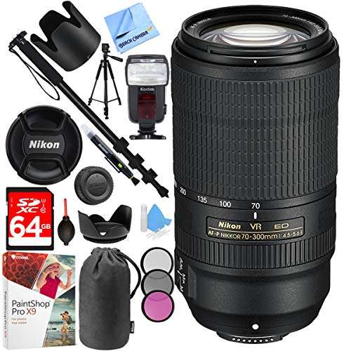 Nikon AF-P NIKKOR 70-300mm f/4.5-5.6E ED VR Fixed Zoom DSLR Lens (Black) with 64GB SDXC Memory Card Plus Accessories Bundle 1