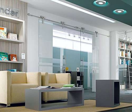 OSS-03# Satin Brushed Stainless Steel Modern Barn Glass Sliding Door Hardware Track Kits Save Space (Double Door 13FT /4000mm, Intalled for glass doors) 1