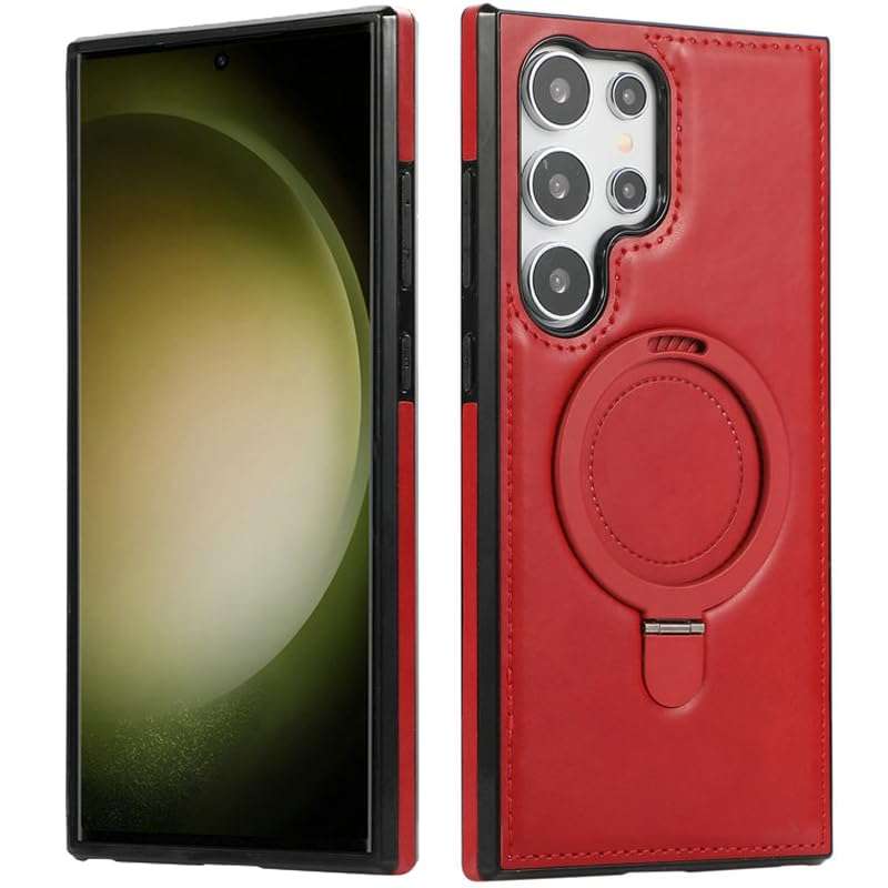 AdirMi Case for Samsung Galaxy S24 Ultra/S24 Plus/S24, Premium PU Leather and Soft TPU Non-Slip Grip Bumper with Invisible Stand [Compatible with MagSafe],Red,S24 Ultra 1