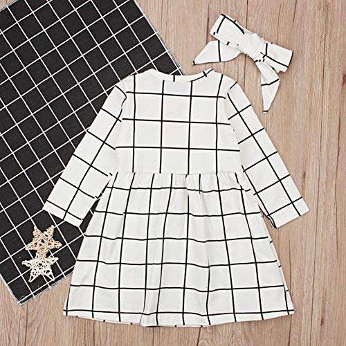 Cute Toddler Kids Baby Girls Long Sleeve Plaid Dress+Headband Outfit Clothes Set (3-4T, White) 2