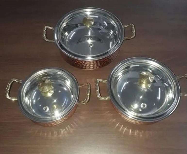 Alluring Homz Combo Hammered Steel Copper Casserole Handi Bowl with Glass Lid,Tableware and Serveware Serving Dishes Copper, Handi (300 ml +500 ml + 800 ml) Pack of 3 6