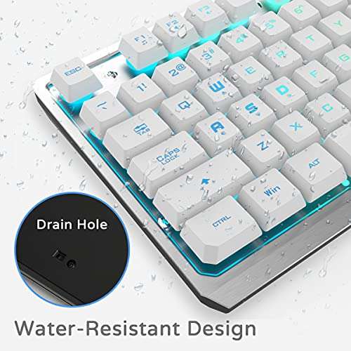 Lumsburry White Gaming Keyboard, Rainbow LED Backlit,19 Anti-ghosting Keys, USB Wired, Metal Panel, Ergonomic 104 Keys, Multimedia Control, Water-Resistant, Full Size, for Windows PC Mac Office Gamer 6