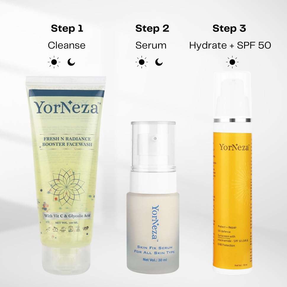 YorNeza Skin Care Kit | Face wash 100 ml +Glow Serum 30 ml + Sunscreen SPF 50-50ml 3