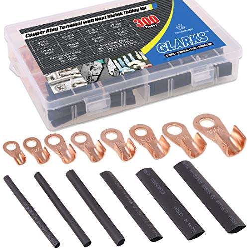 Glarks 300Pcs Open Barrel Wire Crimp Copper Ring Lugs Wire Crimp Terminal Connectors OT 5A 10A 20A 30A 40A 50A 60A 100A with Heat Shrink Tubing Assortment Kit for Auto Car Battery Cable Connector 1
