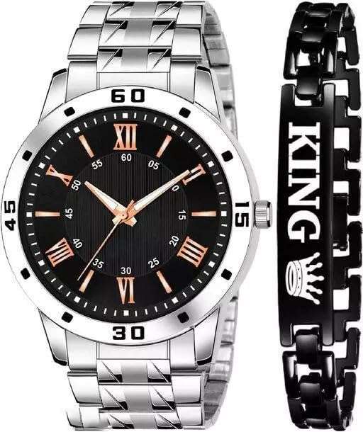 Red Robin Alluring Analogue Solid Dial Stainless Steel Strap Graceful Stylish Wrist Watch with King Braclete for Men and Boys, Pack of 2-1016-BLK-D-AVO-SIL-STL-KING-BLK-BRCLT (Black)