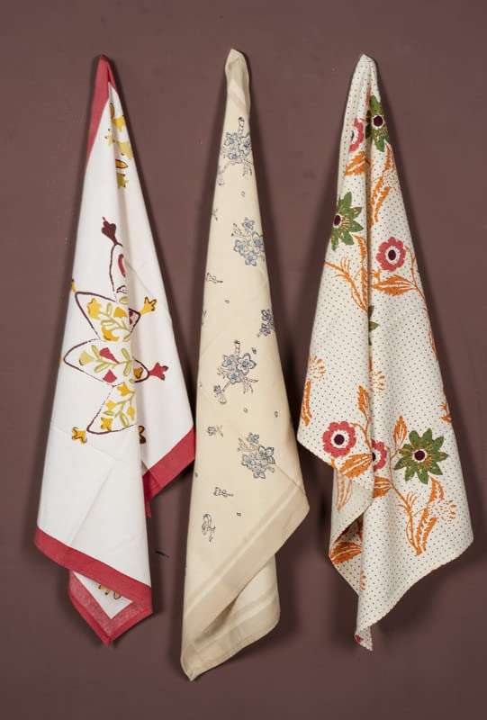CONTRAST LIVING Ramita Hand Block Printed Kitchen Towel/Dish Towel/Hand Towel Multi Color Set of 3 Pcs 1
